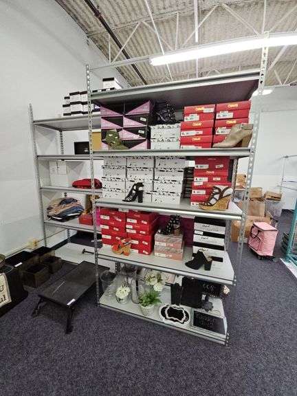 MODULAR METAL WAREHOUSE SHELVING SYSTEM WITH 2pcs 86"H TOTAL TEARDROP UPRIGHTS, 18"x4' PRESSED WOOD SHELVES **Located upstairs, only hammer needed for disassembly, sold per unit