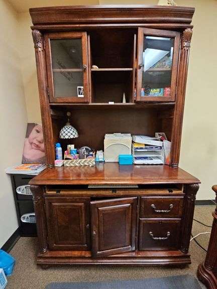 SOLID CHERRY WOOD ARMOIRE WITH BEAUTIFUL CARVED DESIGNS, 2-DRAWERS, BOTTOM CABINET WITH PULL OUT SHELVES APROX 4'x2'x7' MATCHES LOT 29 , 30, & 35