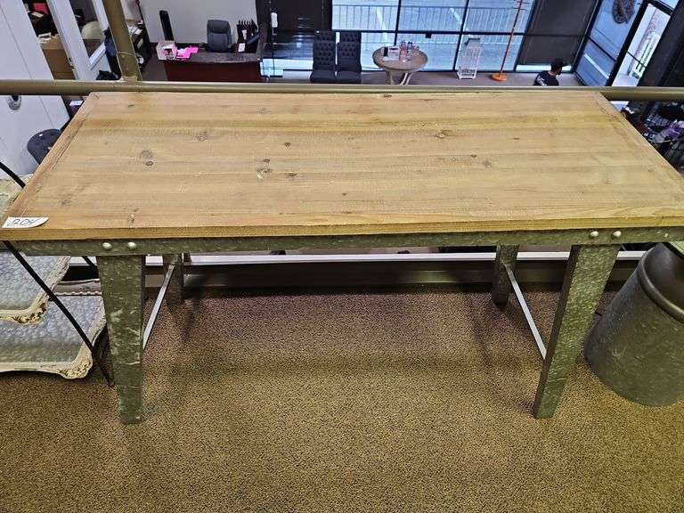 CONSOLE TABLE WITH SOLID WOOD TOP AND TIN METAL BASE APROX 4'x19"x30"