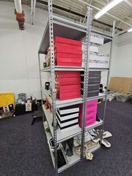 MODULAR METAL WAREHOUSE SHELVING SYSTEM WITH 2pcs 86"H TOTAL TEARDROP UPRIGHTS, 18"x4' PRESSED WOOD SHELVES **Located upstairs, only hammer needed for disassembly, sold per unit