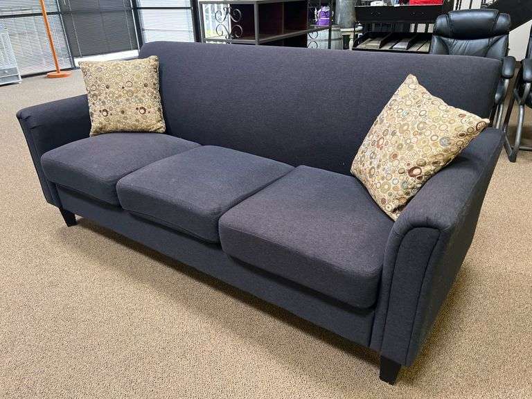 3-PERSON UPHOLSTERED DARK BLUE COUCH APROX 6'x2.5'x2.5'