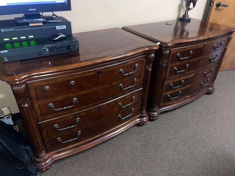 SOLID CHERRY WOOD EXECUTIVE WIDE FILING CABINETS WITH BEAUTIFUL CARVED DESIGNS, 2-DRAWERS APROX 38"x2'x32" MATCHES LOT 29, 34 & 35
