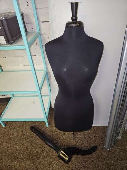 FABRIC FEMALE 32" MANNEQUIN WITH WOODEN STAND THAT NEEDS REPAIR INCLD.