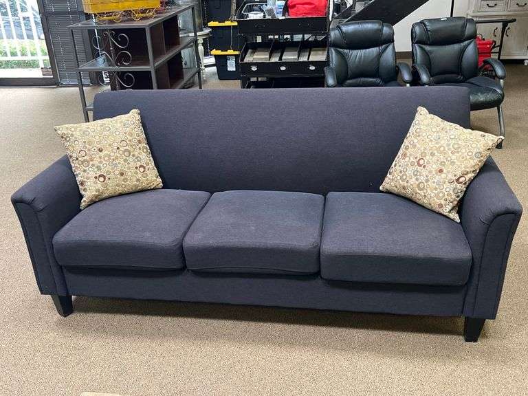 3-PERSON UPHOLSTERED DARK BLUE COUCH APROX 6'x2.5'x2.5'