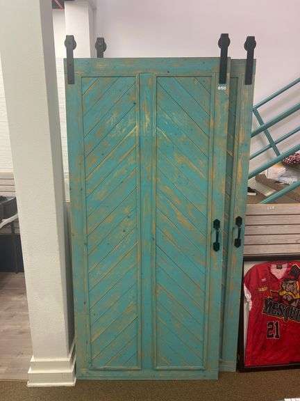 LIGHT BLUE RUSTIC SLIDING BARN DOORS, SOLID WOOD WITH BLACK METAL ACCENTS APROX 39"x7'