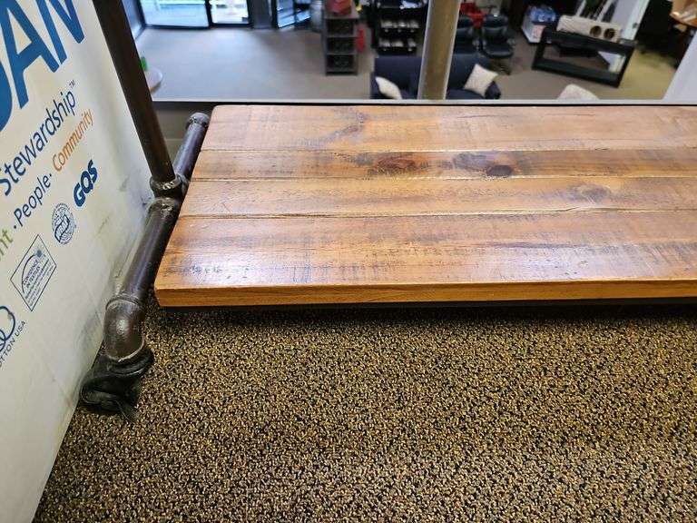 RUSTIC CUSTOM MADE ROLLING CLOTHING RACK WITH METAL PIPE SUPPORTS AND SOLID WOOD SHELVES APROX 40"x16"x68"