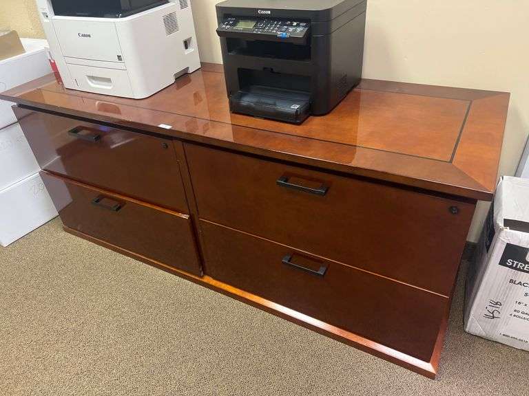 SOLID WOOD 4-DRAWER WIDE FILING CABINET IN GOOD CONDITION, MINOR SCUFFS TO SIDING / EPOXY APROX 6'x2'x30" **Matches lot 17