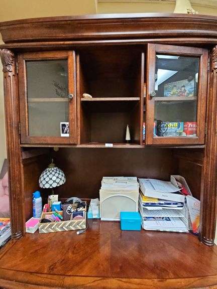 SOLID CHERRY WOOD ARMOIRE WITH BEAUTIFUL CARVED DESIGNS, 2-DRAWERS, BOTTOM CABINET WITH PULL OUT SHELVES APROX 4'x2'x7' MATCHES LOT 29 , 30, & 35