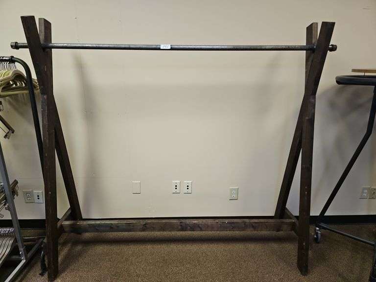CUSTOM FABRICATED RUSTIC CLOTHING RACK WITH SOLID WOOD STANDS AND METAL PIPE HANGER TOTAL SIZE APROX 6'x21"x68"