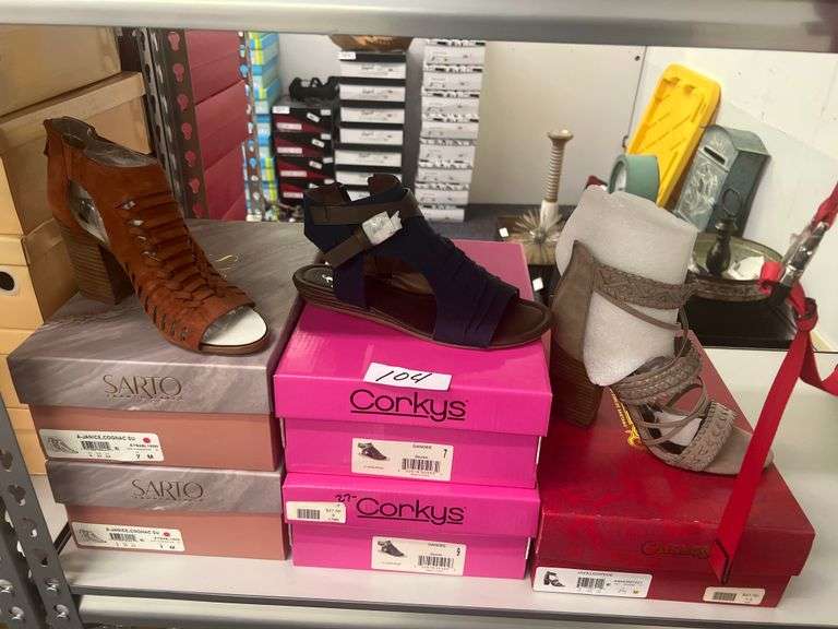WOMEN'S NEW SHOES INCLUDING CARLO 7.5 LIGHTDOE JAVA HIGH HEEL SANDAL; CORKYS DANDEE DENIM SIZE 7 & 9 SANDAL ; AND SARTO A-JANIC COGNAC SU SIZE 7 SHOES, ALL RETAIL FOR