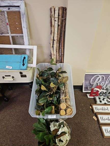RAW WOOD DÉCOR STICKS AND LARGE FAUX FOLIAGE WITH WHITE FLOWER