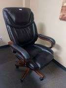 SYMPLE STUFF PARKHILL BROWN LEATHER LIKE EXECUTIVE CHAIR ON WHEELS WITH VARIOUS ADJUSTMENTS