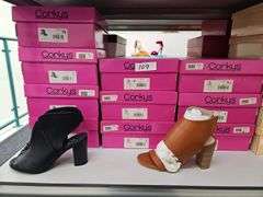 CORKYS WOMEN'S HIGH HEEL SANDALS INCLUDING VEGAS BLACK 65-0116-BLCK AND RENO BROWN 65-0122-BRWN RETAIL $58 EA. NEW IN BOX SIZES INCLUDE 6, 7, 8 ,10