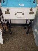 ANTIQUE LUGGAGE CASE FABRICATED INTO A NIGHT STAND, WITH VARIOUS RUSTIC WOODEN DÉCOR INCLD.