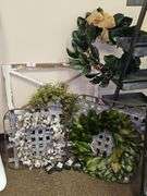 VARIETY OF WALL HANGING WREATHS MOST MOUNTED TO WOOD OR METAL, WITH BATTERY POWERED FAIRY LIGHTING INCLD.