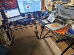GLASS TOPPED METAL L-SHAPED OFFICE DESK WITH SINGLE SHELF, APROX 4'x4'x3' **Need tools for disassembly