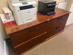 SOLID WOOD 4-DRAWER WIDE FILING CABINET IN GOOD CONDITION, MINOR SCUFFS TO SIDING / EPOXY APROX 6'x2'x30" **Matches lot 17