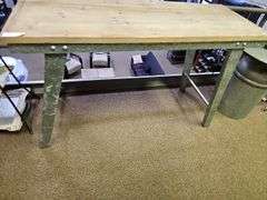 CONSOLE TABLE WITH SOLID WOOD TOP AND TIN METAL BASE APROX 4'x19"x30"