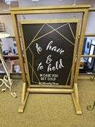 WOODEN HANGING SIGN STAND WITH DUAL-SIDED CHALKBOARD, APROX 28"x2'x41" **Design is done with sticker and can be easily removed