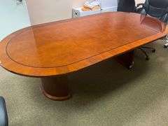 6-PERSON SOLID WOOD CONERENCE DESK IN GOOD CONDITION, MINOR SCUFFS TO SIDING / EPOXY APROX 8'x4'x30" **Matches lot 19