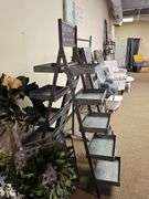 RUSTIC WOODEN A-FRAME DISPLAY RACKS INCLUDING WOODEN MADE FROM OLD WINDOW SHUTTERS, TOTAL SIZE APROX 16"x3'x55" ; AND METAL DUAL SIDED WITH CHALKBOARD TOP APROX 18"x42"x63"