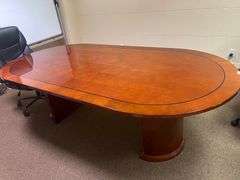 6-PERSON SOLID WOOD CONERENCE DESK IN GOOD CONDITION, MINOR SCUFFS TO SIDING / EPOXY APROX 8'x4'x30" **Matches lot 19