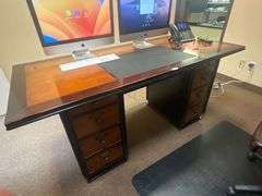 AUTHENTIC MODELS CAMPAIGN EXECUTIVE DESK, SOLID WOOD WITH LEATHER CENTER PIECE, 8-DRAWERS APROX 5.5'x2.5'x32"