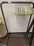 VINTAGE STYLE METAL CLOTHES RACK APROX 32"x21"x59" WITH APROX 50+ FELT NON SLIP LARGE HANGERS INCLD.