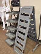 RUSTIC WOODEN A-FRAME DISPLAY RACKS INCLUDING WOODEN MADE FROM OLD WINDOW SHUTTERS, TOTAL SIZE APROX 16"x3'x55" ; AND METAL DUAL SIDED WITH CHALKBOARD TOP APROX 18"x42"x63"
