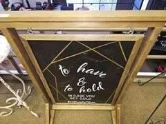 WOODEN HANGING SIGN STAND WITH DUAL-SIDED CHALKBOARD, APROX 28"x2'x41" **Design is done with sticker and can be easily removed
