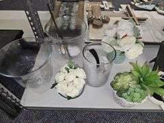 VARIETY OF DÉCOR INCLUDING VASES, FAUX PLANTERS, AND VARIOUS CHALKBOARD SIGNS