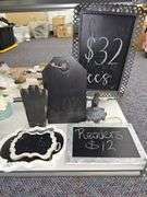 VARIETY OF DÉCOR INCLUDING VASES, FAUX PLANTERS, AND VARIOUS CHALKBOARD SIGNS