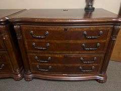 SOLID CHERRY WOOD EXECUTIVE WIDE FILING CABINETS WITH BEAUTIFUL CARVED DESIGNS, 2-DRAWERS APROX 38"x2'x32" MATCHES LOT 29, 34 & 35