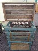 VARIOUS RUSTIC METAL AND WOODEN CRATES/BASKETS