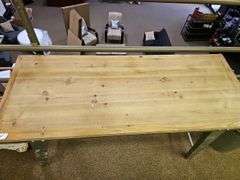 CONSOLE TABLE WITH SOLID WOOD TOP AND TIN METAL BASE APROX 4'x19"x30"