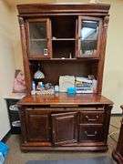SOLID CHERRY WOOD ARMOIRE WITH BEAUTIFUL CARVED DESIGNS, 2-DRAWERS, BOTTOM CABINET WITH PULL OUT SHELVES APROX 4'x2'x7' MATCHES LOT 29 , 30, & 35