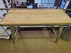 CONSOLE TABLE WITH SOLID WOOD TOP AND TIN METAL BASE APROX 4'x19"x30"