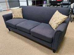 3-PERSON UPHOLSTERED DARK BLUE COUCH APROX 6'x2.5'x2.5'