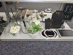 VARIETY OF DÉCOR INCLUDING VASES, FAUX PLANTERS, AND VARIOUS CHALKBOARD SIGNS