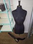 FABRIC FEMALE 32" MANNEQUIN WITH WOODEN STAND THAT NEEDS REPAIR INCLD.
