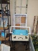 ANTIQUE LUGGAGE CASE FABRICATED INTO A NIGHT STAND, WITH VARIOUS RUSTIC WOODEN DÉCOR INCLD.