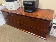 SOLID WOOD 4-DRAWER WIDE FILING CABINET IN GOOD CONDITION, MINOR SCUFFS TO SIDING / EPOXY APROX 6'x2'x30" **Matches lot 17
