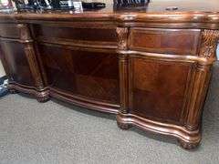 SOLID CHERRY WOOD EXECUTIVE DESK WITH BEAUTIFUL CARVED DESIGNS, 4-DRAWERS AND CABINET WITH PULL OUT SHELVES APROX 6'x3'x32" MATCHES LOT 30, 34 & 35