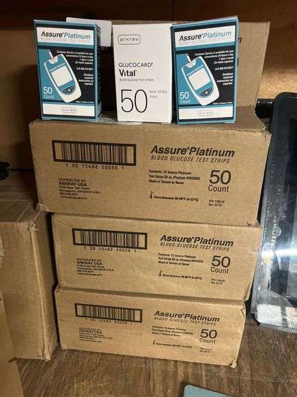 BLOOD GLUCOSE TEST STRIPS INCLUDING ARKRAY ASSURE PLATINUM 50 COUNT, AND GLUCOCARD VITAL 50-COUNT EXP JUNE 2025 SOLD PER CASE OF 12-BOXES (600 STRIPS TOTAL PER CASE)