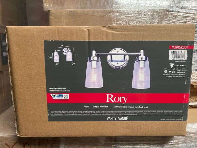 CANARMNA RORY CHROME 2-LIGHT VANITY IVL1016A02CH  MOUNT UP OR DOWN POSITION, CLEAR GLASS 100W MAX BRAND NEW IN BOX SOLD PER BOX