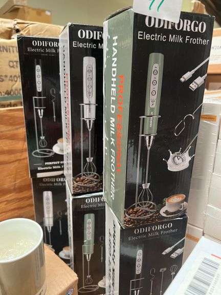 ODIFORGO ELECTRIC MILK FROTHER WITH STAND & ATTACHMENTS, IN VARIOUS COLORS INCLUDING BLACK, GREEN, SILVER