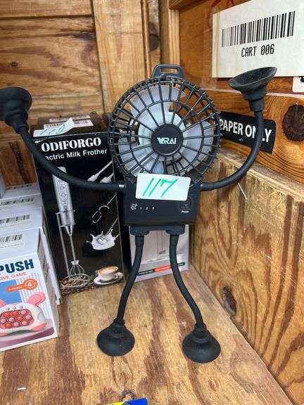 VARAI 3-SPEED RECHARGEABLE FAN WITH 4-SUCTION CUPS FLEXIBLE LIMBS, REQUIRES USB-C CHARGER, WORKS GREAT!