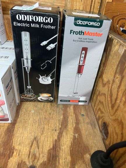 ODIFORGO VARIOUS MILK FROTHERS EACH WITH STAND (2) WITH ATTACHMENTS, IN VARIOUS COLORS INCLUDING SILVER AND RED