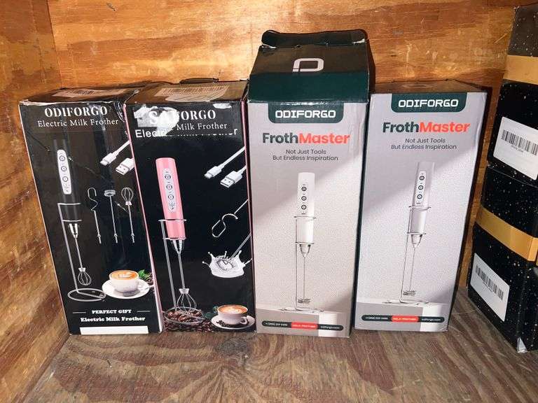 ODIFORGO VARIOUS MILK FROTHERS EACH WITH STAND & ATTACHMENTS, IN VARIOUS COLORS INCLUDING BLACK, PINK, WHITE & SILVER