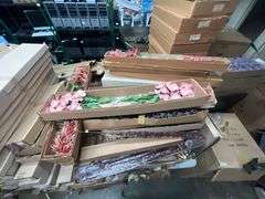 LARGE LOT OF A WIDE VARIETY OF AMERICAN BEST ARTIFICIAL SILK FLOWERS INCLUDING SWAG, VINES, FOLIAGE, FLOWERS ECT  ALL NEW IN CASE, HUNDREDS OF PCS IN LOT